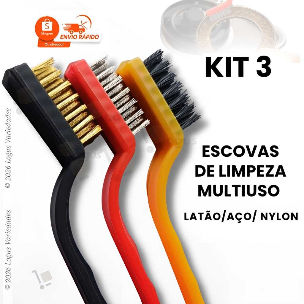 Conjunto de Escovas para Limpeza Multiuso – Nylon, Aço ou Latão para Rejunte, Panela e Grelha