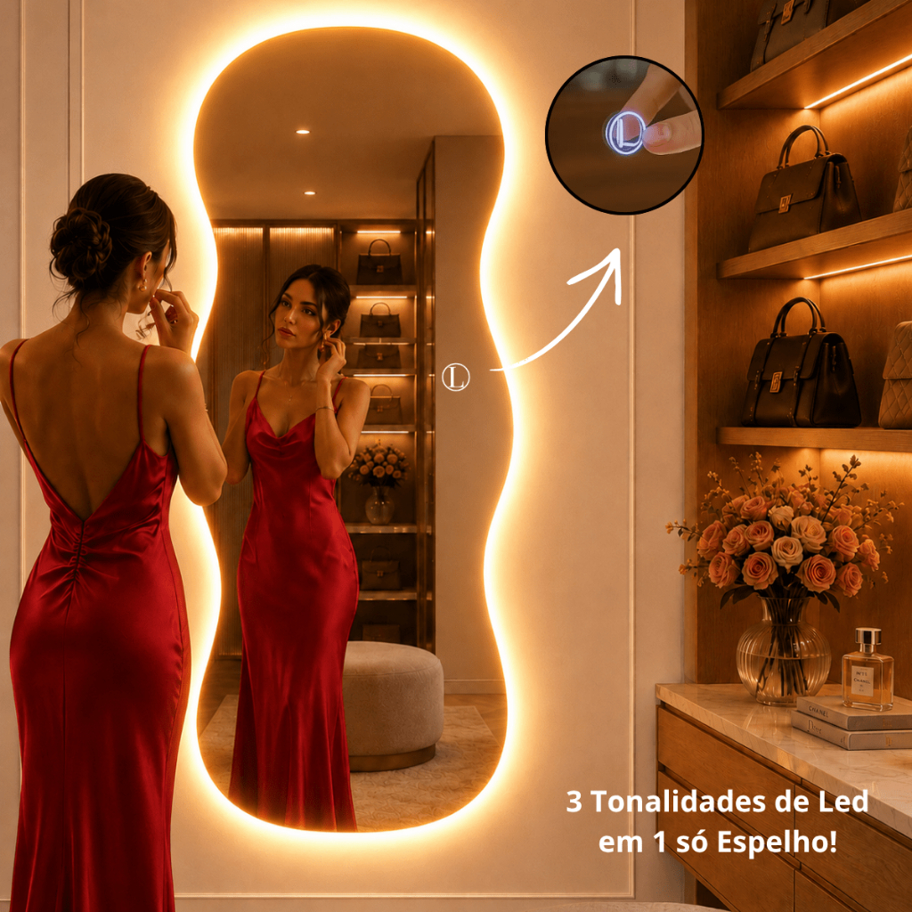 Espelho Lopazzi 90x40cm Corpo Inteiro com 3 Tonalidades de Led (Quente. Neutro e Frio) Variações de Modelos Premium