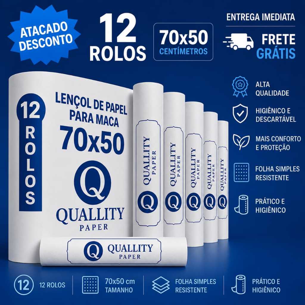 Lençol de Papel Hospitalar 70cm x 50m Kit 12 Rolos | Descartável para Maca Branco