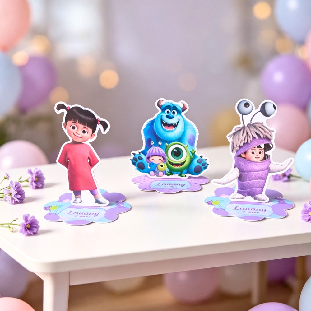 Aplique 3D 5x5  personalizado para caixinha acrílica e latinha tema TURMA MONSTROS SA Lembrancinha para festa