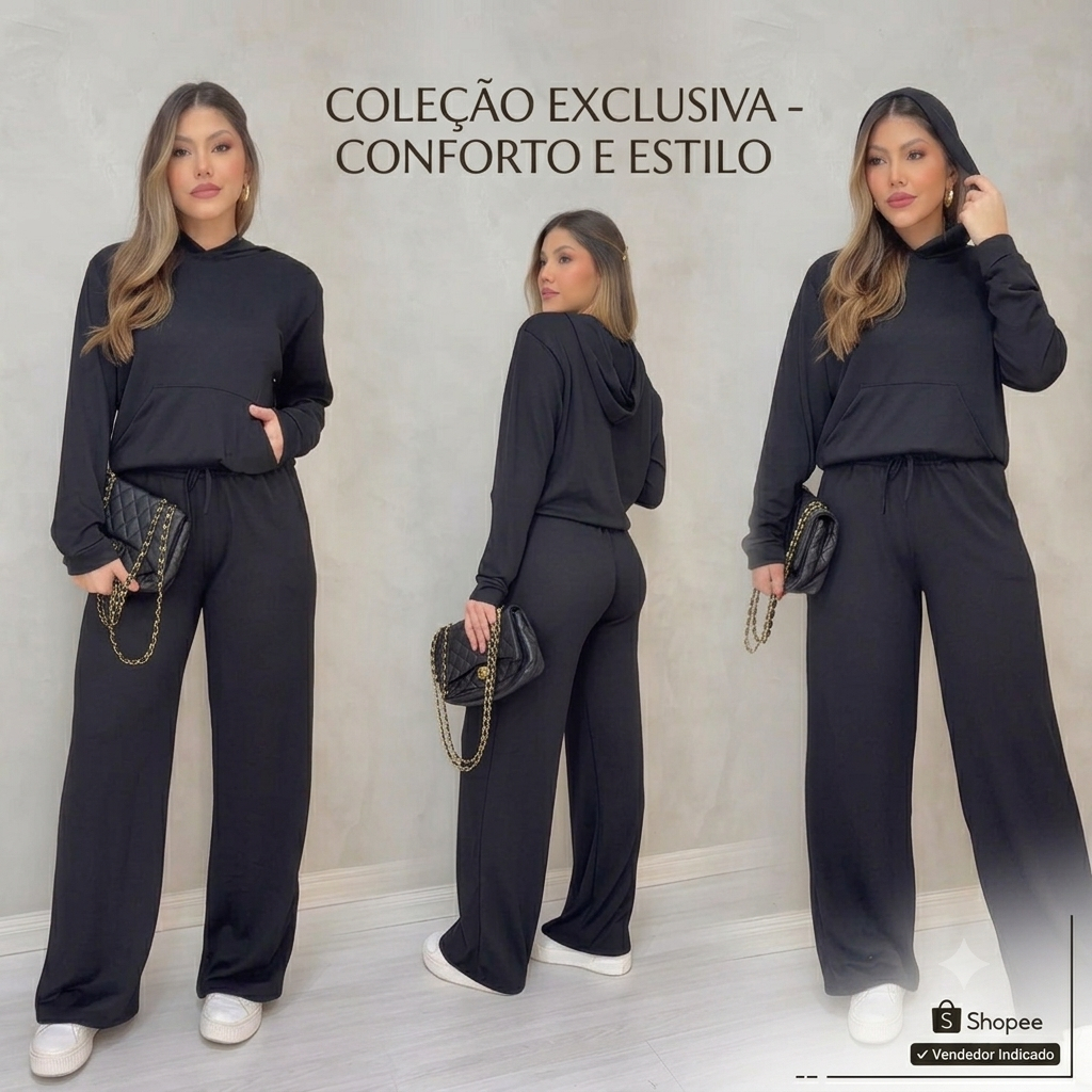 Conjunto Feminino Lanzinha Com Capuz Calça Pantalona E Blusa Manga Longa Moletinho Casual Inverno