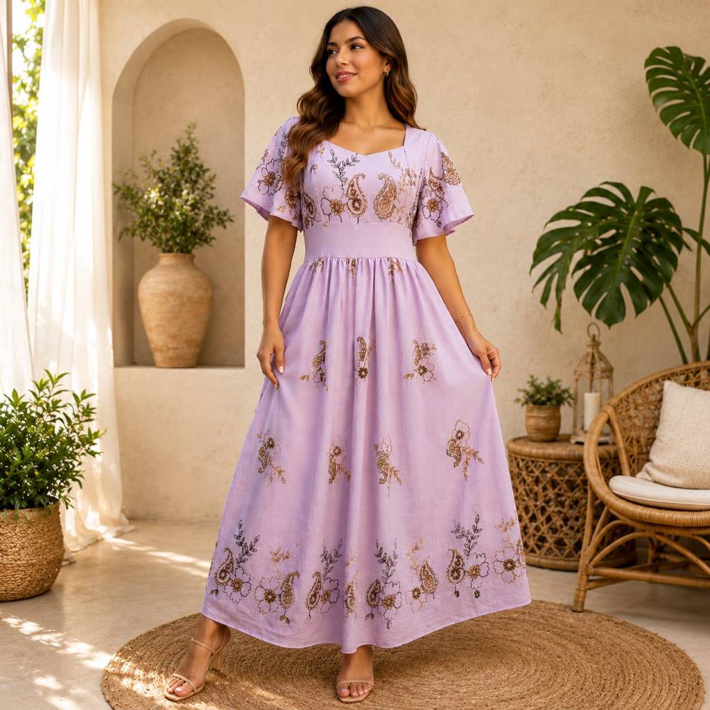 Vestido Longo Premium Duna Bordado Moda Evangélica Manga Godê Vestido Elegante Tamanho Único Qualidade