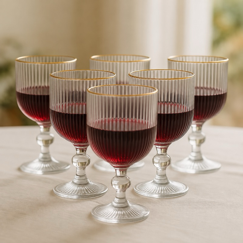 Conjunto Jogo 6 Taças Vidro Canelado Borda Dourada 340ml 260ml Versalhes Canelado Servir Vinho Drinks Bebida Sofisticada