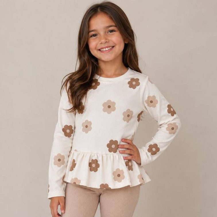 Blusa Manga Longa Flor -Infantil Menina Com babado -batina Canelado Ribana Premium