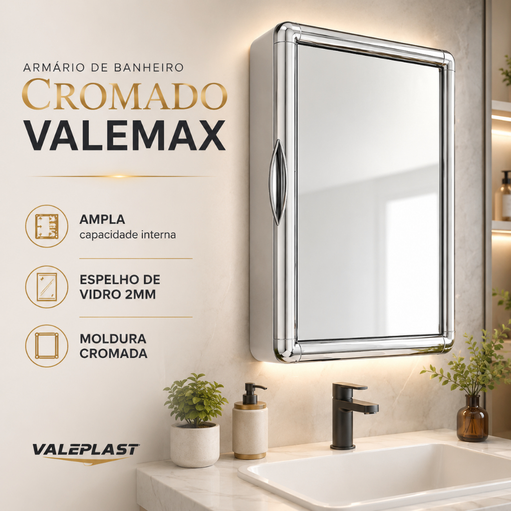 Armário Banheiro Plástico Espelho Vidro 2mm Moldura Cromada Espelheira Branco Preto Sobrepor Embutir Kit Instalação