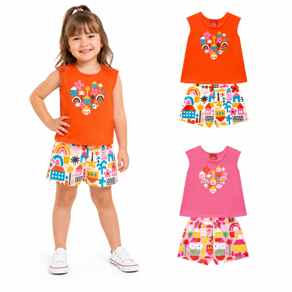 Conjunto Infantil Menina Kyly Verão Blusa Regata Estampada e Shorts Corações Leve Moda Kids 1001814