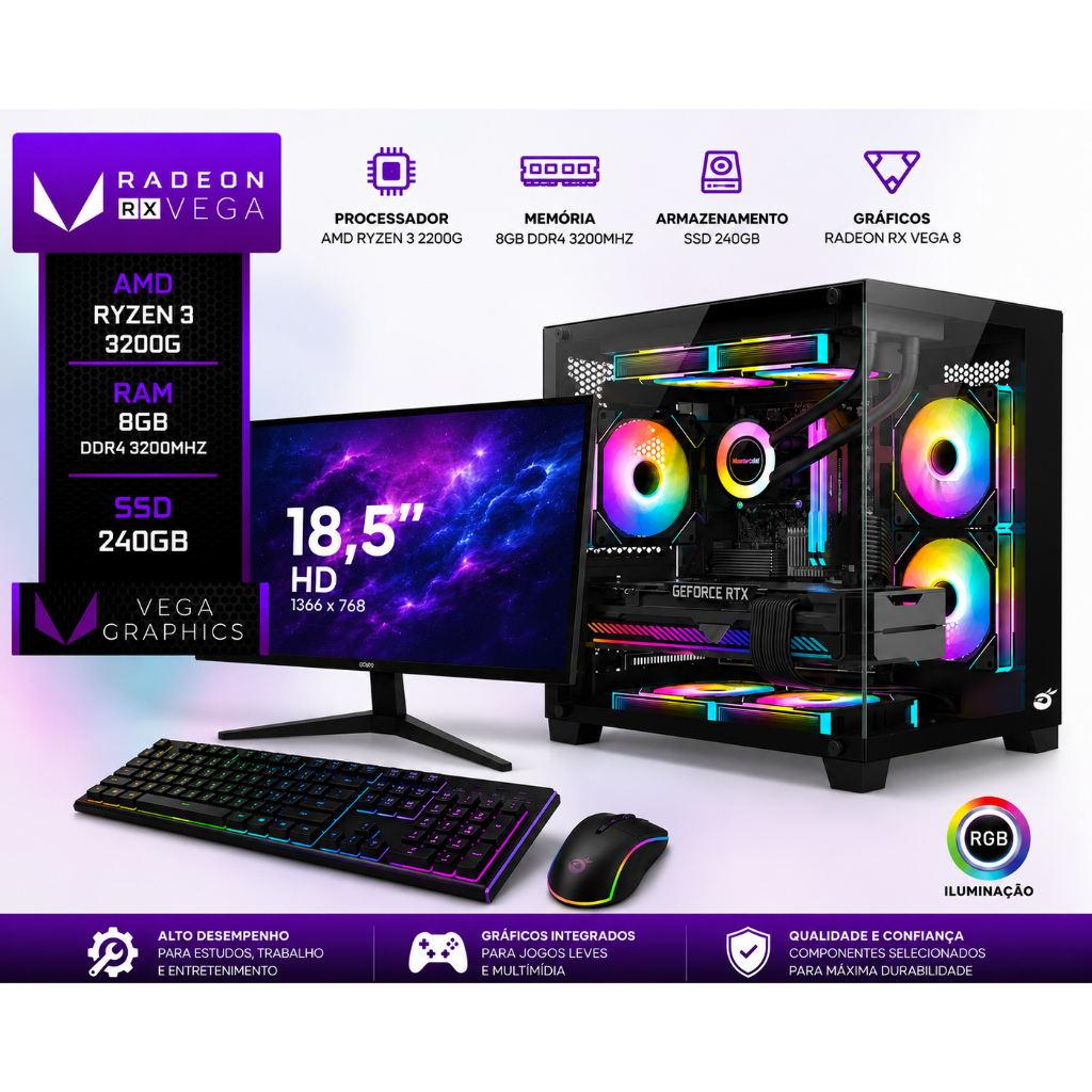PC GAMER AMD RYZEN 3 3200G, 8GB DDR4, SSD 240GB + Monitor LED 18.5 GABINETE GAME