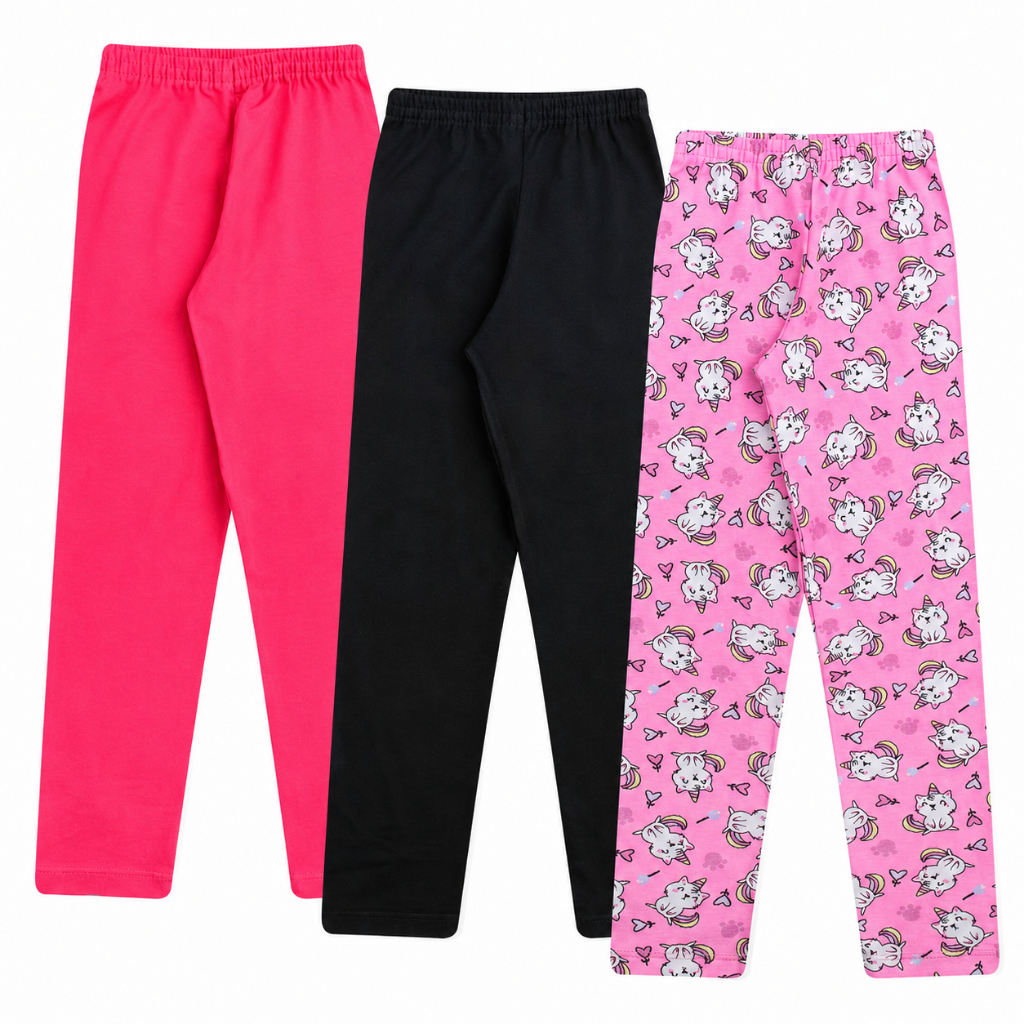 Kit 3 Leggings Infantil Feminina Lisas e Estampadas - Estampas e Cores Sortidas | Tamanhos 1 ao 14