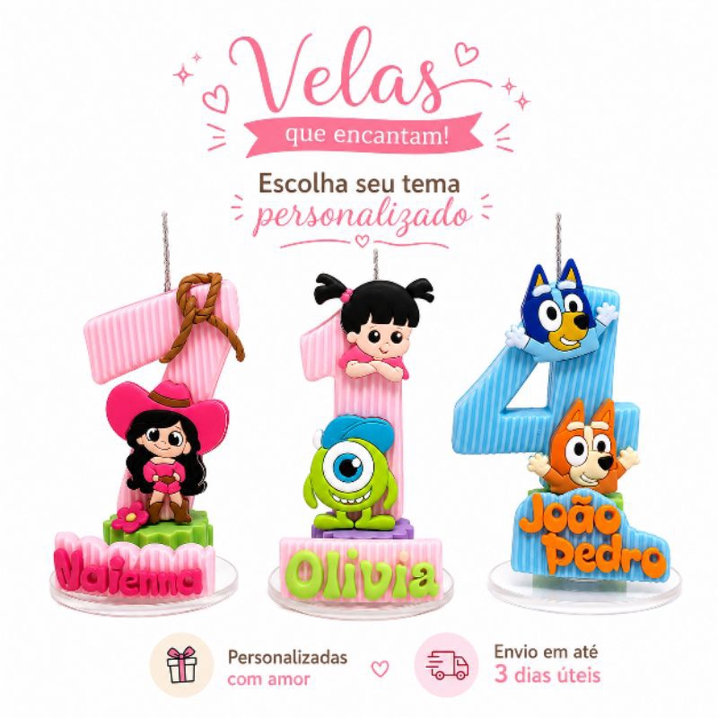 Vela Personalizada Infantil com Nome e Idade |vela com pavio magico|Vela menina e menino