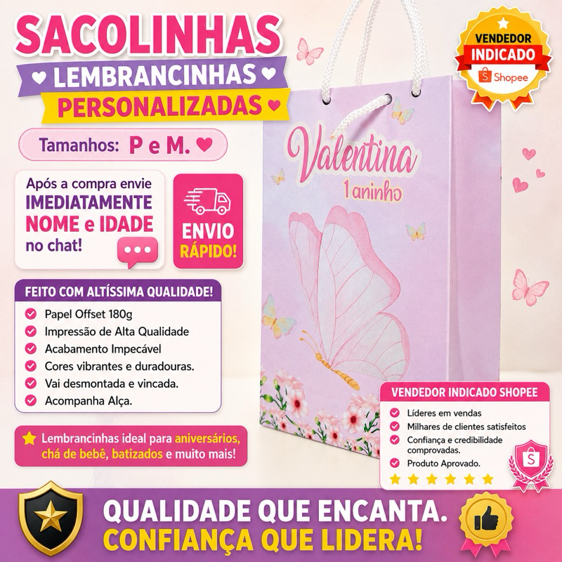 50 Sacolinha Jardim Borboleta Rosa Lembrancinha Sacola Surpresa Laço Aniversário Festa Pegue e Monte