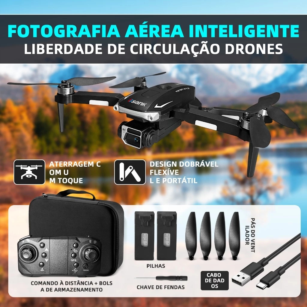 Drone de Bolso com Câmera HD, GPS, Dobrável, Evita Obstáculos, Controle 2.4Ghz, Modo Seguir