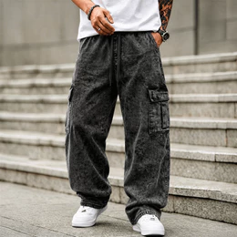 Calça Cargo Jeans Masculina Streetwear Baggy Wide Leg Oversized Moda Urbana Skatista Premium Confortável Casual