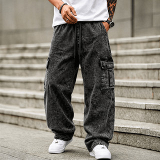 Calça Cargo Jeans Masculina Streetwear Baggy Wide Leg Oversized Moda Urbana Skatista Premium Confortável Casual
