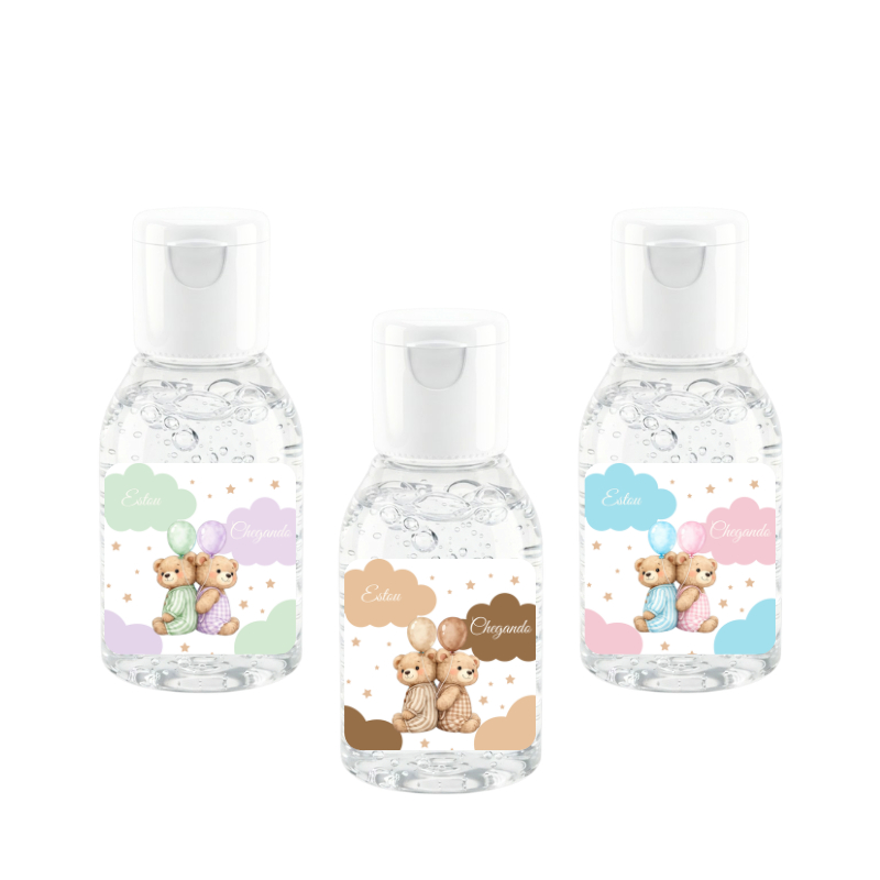 Kit 10 | 20 | 30 | 50 Lembrancinhas para Chá Revelação Ursinhos Neutro Personalizado com Nome - Álcool em Gel