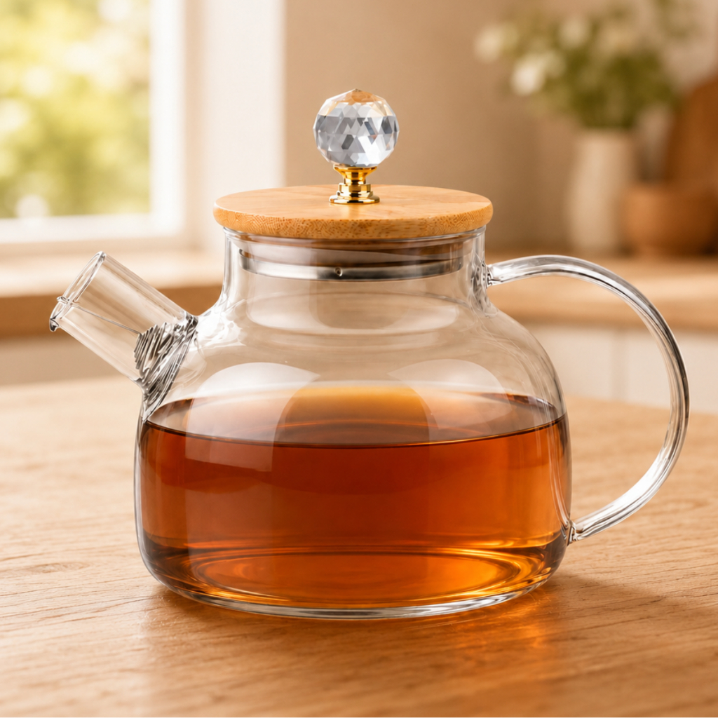 chaleira de vidro transparente com tampa de bambu puxador de cristal e infusor de 1L moderna que vai ao fogo