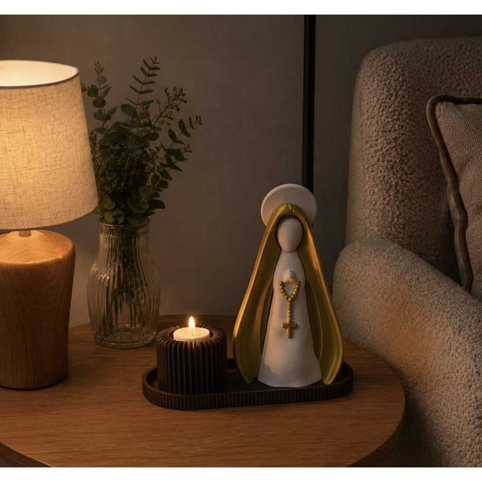 Escultura Decorativa Nossa Senhora Com Porta Vela e Bandeja Elegante Presente Religioso Católico