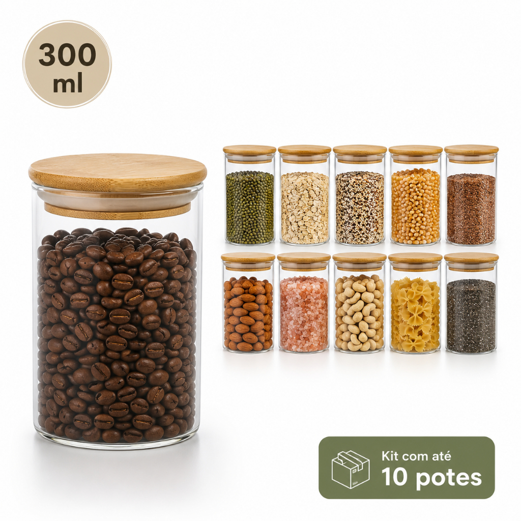 Pote de Vidro Tampa Bambu Hermético 300ml Organizador Cozinha Mantimentos Temperos Grãos Cereais