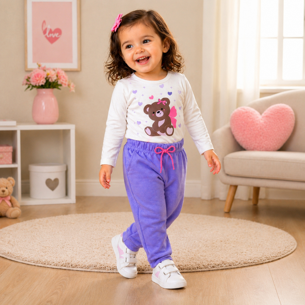 CONJUNTO 2 PEÇAS  INFANTIL MENINA.MEIA ESTAÇÃO.BLUSA MANGA LONGA+CALÇA COM CADARÇO DE BRILHO