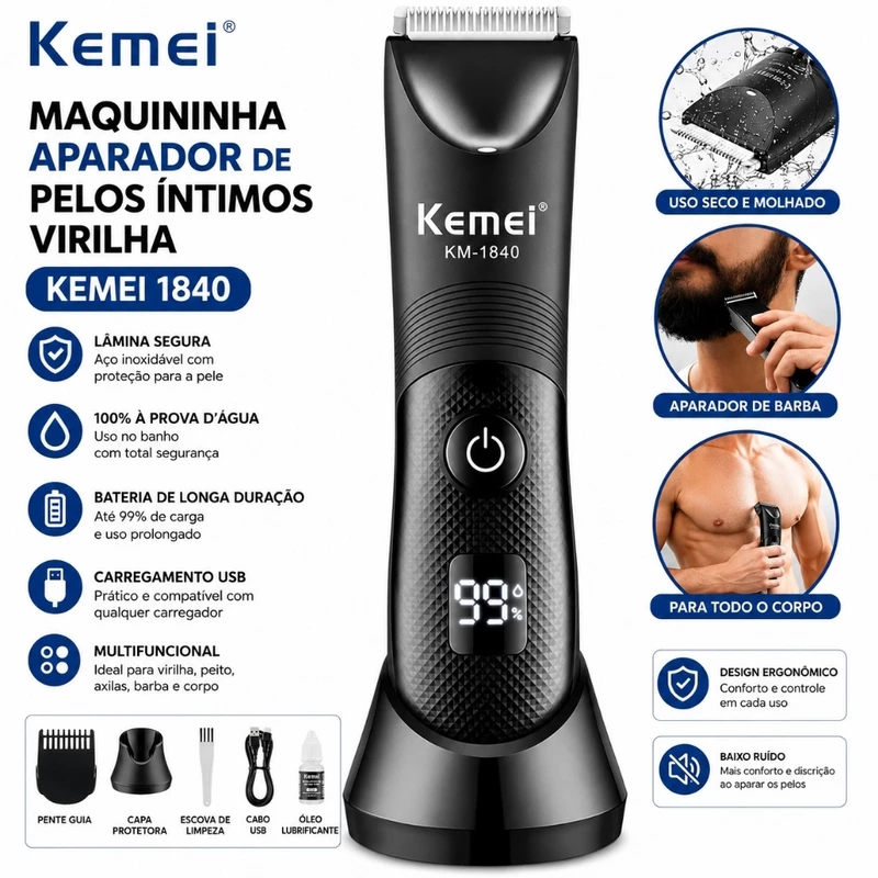 Aparador de Pelos Íntimos Kemei 1840 ou 1838 para Virilha