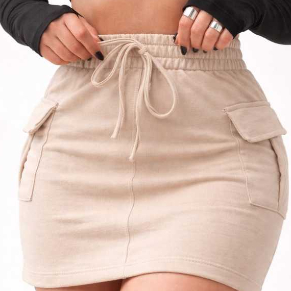 Saia Cargo Feminino Moletinho Cintura Alta Bolso Lateral Confortável Casual Verão 2027