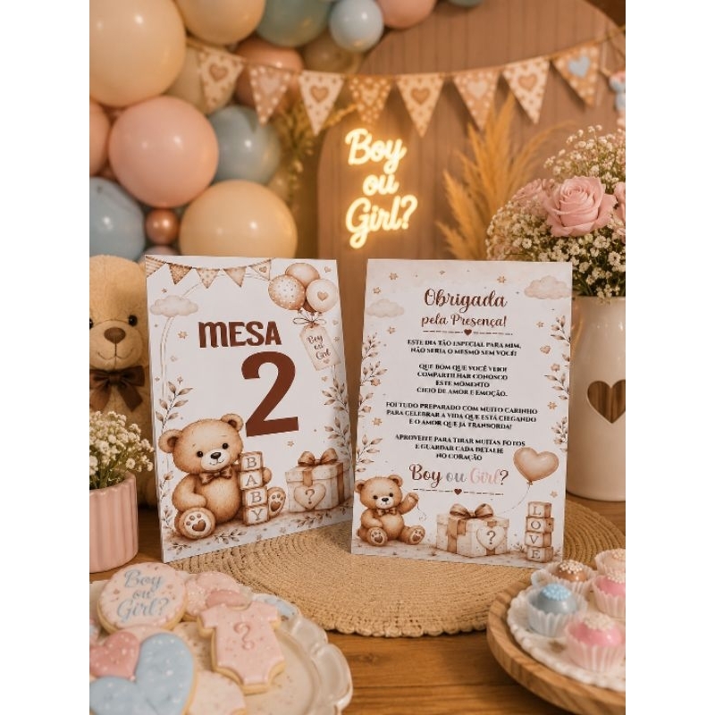 Plaquinha de Mesa + Cartão de Agradecimento Chá Revelação Personalizado | Decoração de Festa