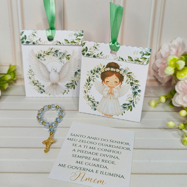 Kit 10 Lembrancinhas Batizado Personalizadas com Mini Terço | Anjinho | Batismo | Primeira Comunhão | Santo Anjo