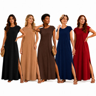 Vestido Feminino Longo Malha Casual Elegante Moda Confortável Verão Cores Variadas Tendên…