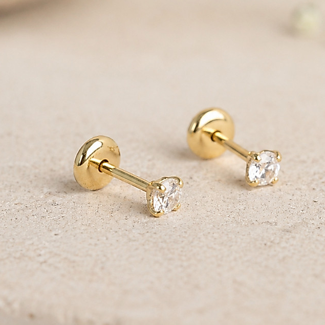 Brinco Pedrinha Zircônia 3mm Folheado a Ouro 18k com Tarraxa Baby Segurança e Conforto - Bebê e Segundo Furo Menina