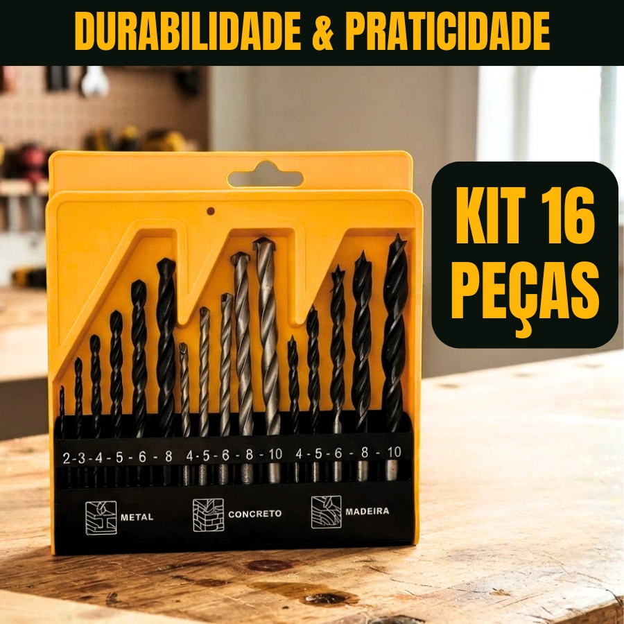 Kit Jogo De Brocas 16 Peças Madeira Concreto Metal A Escolha Profissional Hobbystas