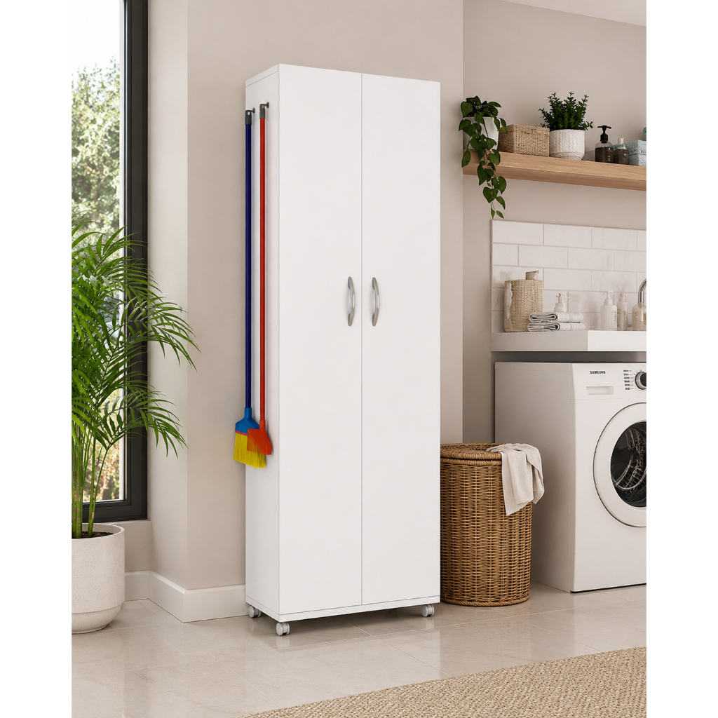 Armario Para Lavanderia 2 Portas Com Rodinhas Multiuso Cor Branco - ENVIO RAPIDO