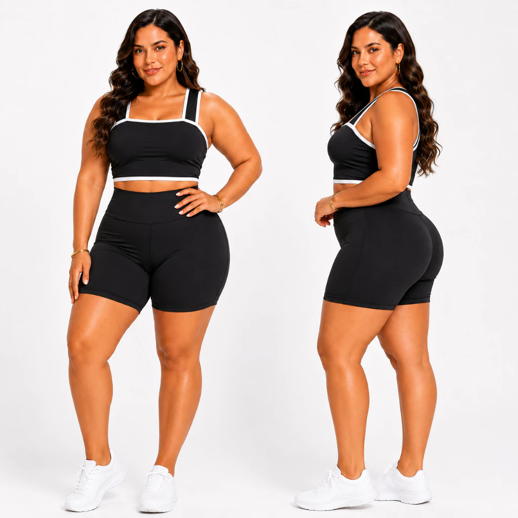 Conjunto Fitness Plus Size Feminino Malha Suplex Top Cropped e Short Cintura Alta Academia G GG G1 G2