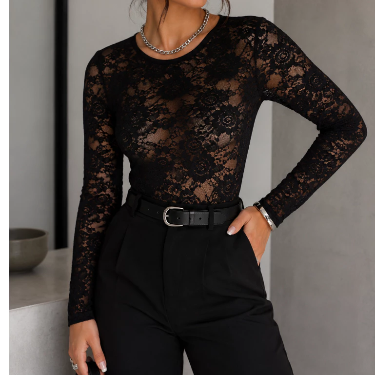 Blusa Feminina de Renda Com Manga Longa Transparente Preta Ideal Como Segunda Pele — imagem 1