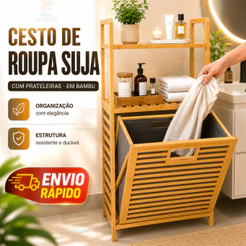 Cesto De Roupa Suja Com 2 Prateleira em Bambu Armário Organizador Multiuso