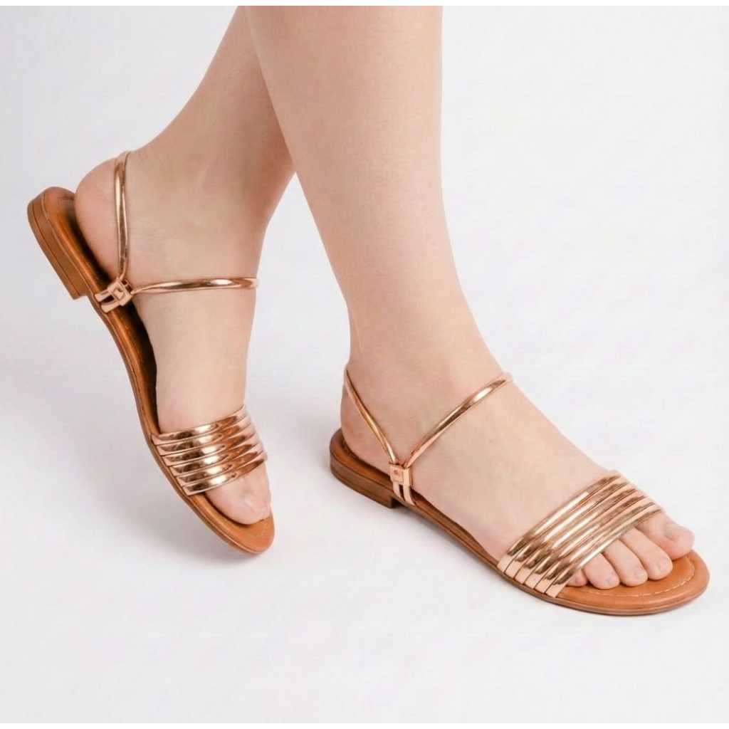 Sandália Feminina Rasteira Dourada Elegante com Tiras Metalizadas Douradas Confortável Casual Verão