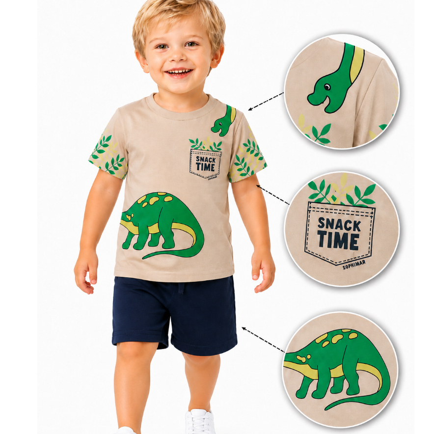 Conjunto Dinossauro Infantil Menino 100% Algodão Roupa Masculina Camiseta Shorts Passeio Casual
