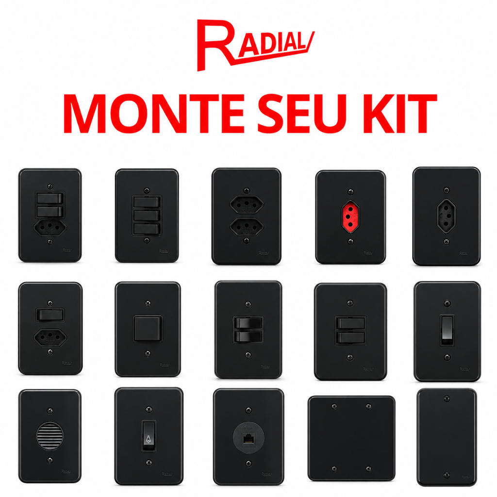 Radial Linha Pollar Black Tomadas Interruptores 4x2 10A 20A com Tecla e Espelho