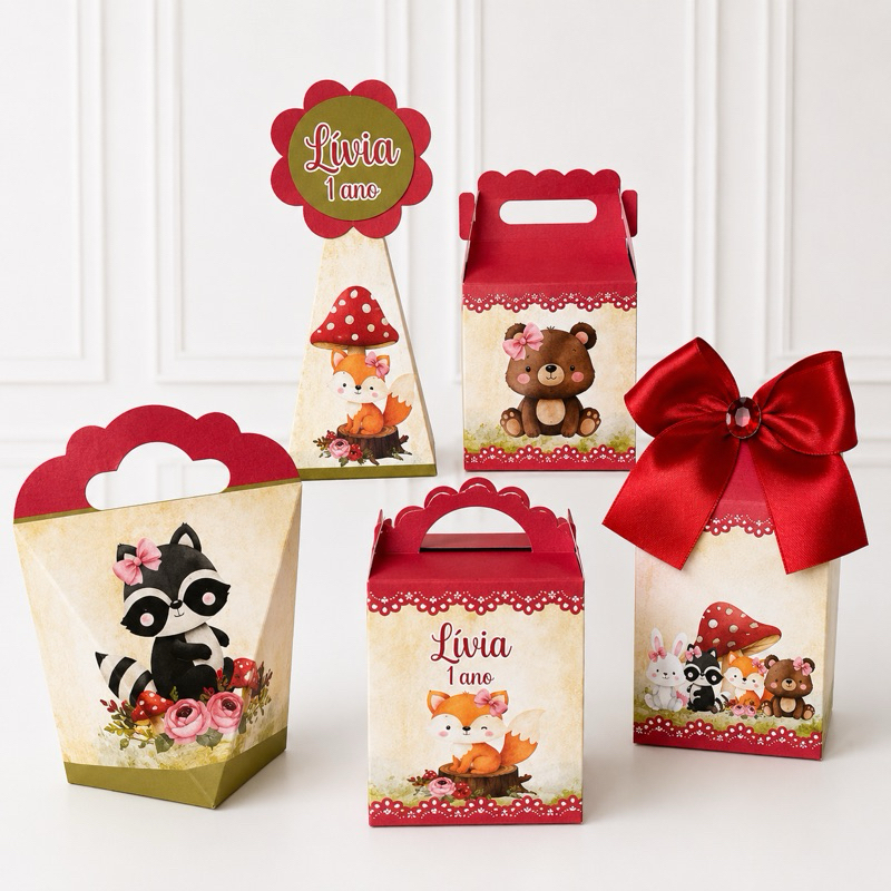 Kit Personalizados caixas Festa decoração BOSQUE ENCANTADO vermelho Caixinha Aniversário Lembrancinha Pegue e Monte