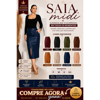 Saia Midi Lapiz Feminina Modela Corpo Cintura Alta Elegante Moda 2026