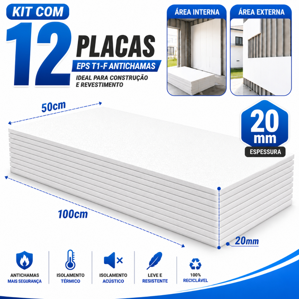 Kit 12 Placas Isopor EPS T1-F 20mm 100x50 Antichamas Construção Decoração