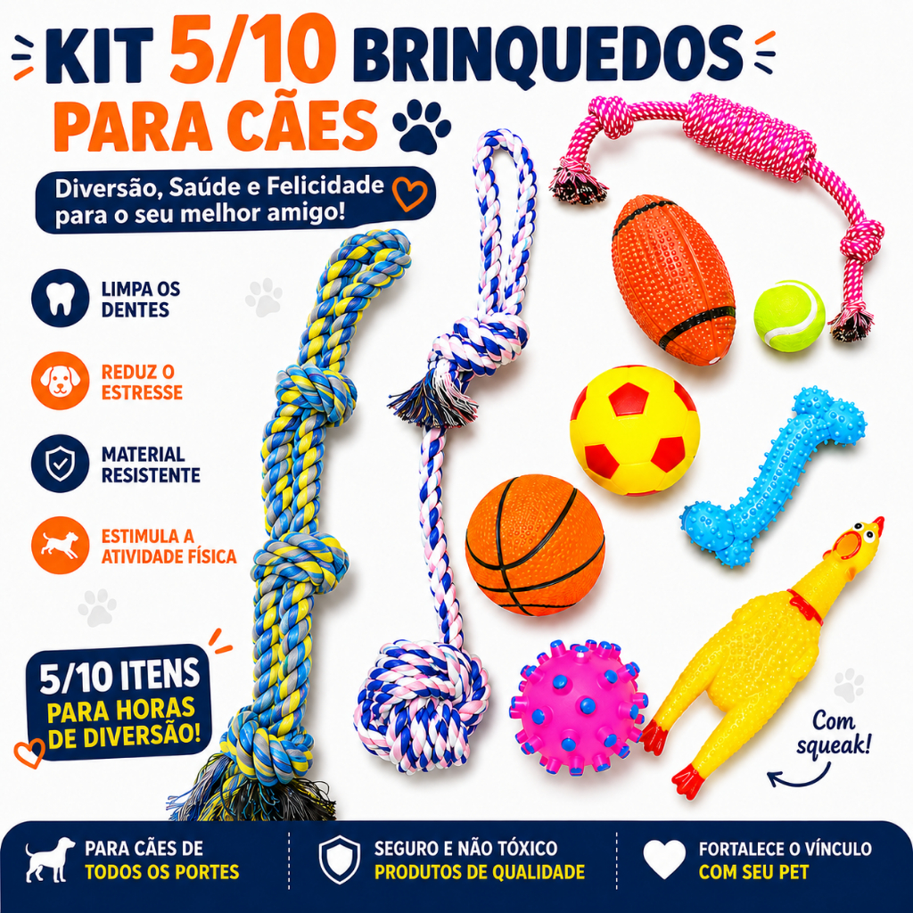 Kit 5 ou 10 Brinquedos para Cachorro Mordedores Interativos com Corda e Bolas Antiestresse