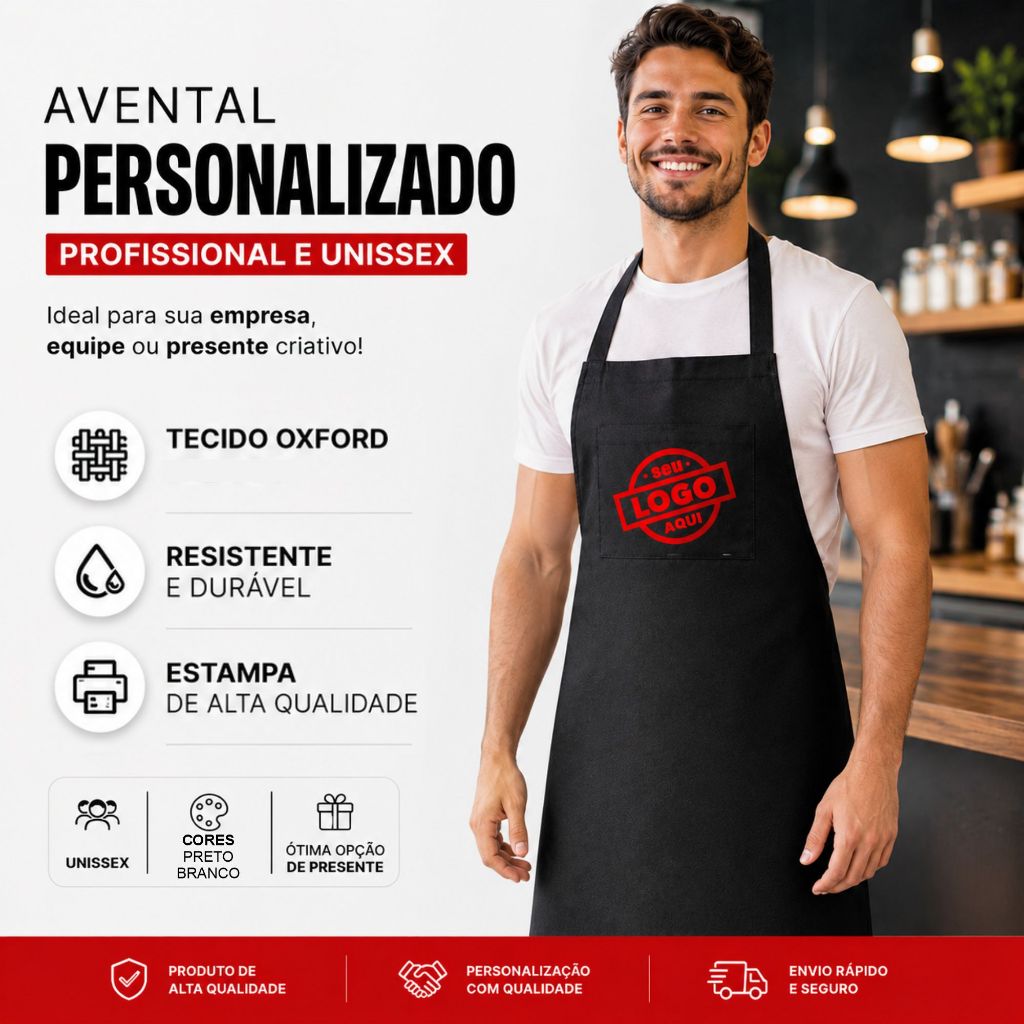 Avental Personalizado Oxford com Logo ou Foto | Uniforme Profissional | Cozinha | Barbearia | Cafeteria