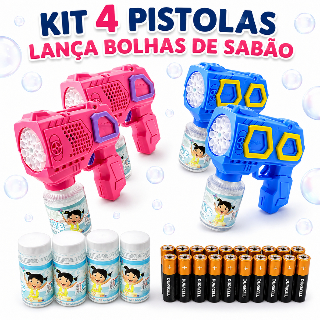 kit 4 Lança Bolhas Festa Casamento Brinquedo Interativo  Crianças Luzes Som Refil e Pilhas Incluso
