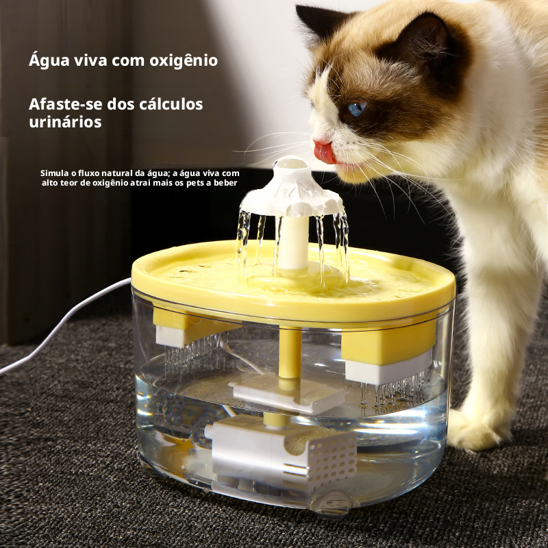 Fonte de Água com Filtro para Pets 2L – Margarida Amarela | Água Viva que Atrai o Pet | Filtragem Remove Pelos e Impurez