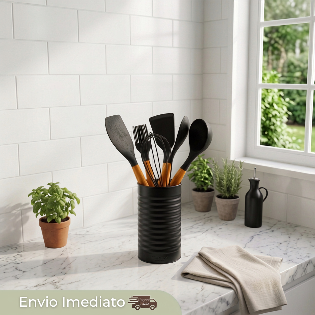 Kit 7 Colheres de Silicone Utensílios de Cozinha Cabo de Madeira Resistente ao Calor Antiaderente Colher Espátula Concha