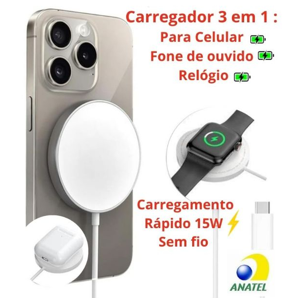 Carregador Indutivo Magnético 3 em 1 Gold - Carrega Iphone, Fones de ouvido e Relógio