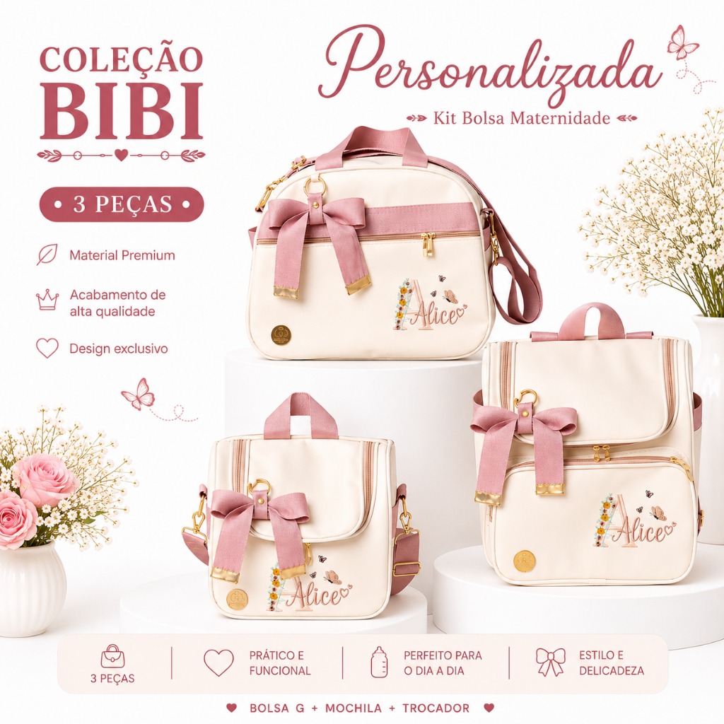 Kit Bolsa Maternidade e Bolsa Media com Mochila Impermeável Premium Linha BIBI