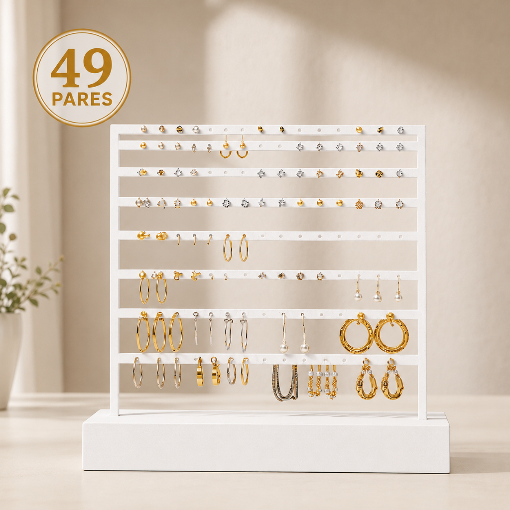 Suporte Organizador de Brincos 49 Furos — Display Porta Joias — Branco/Preto/Dourado