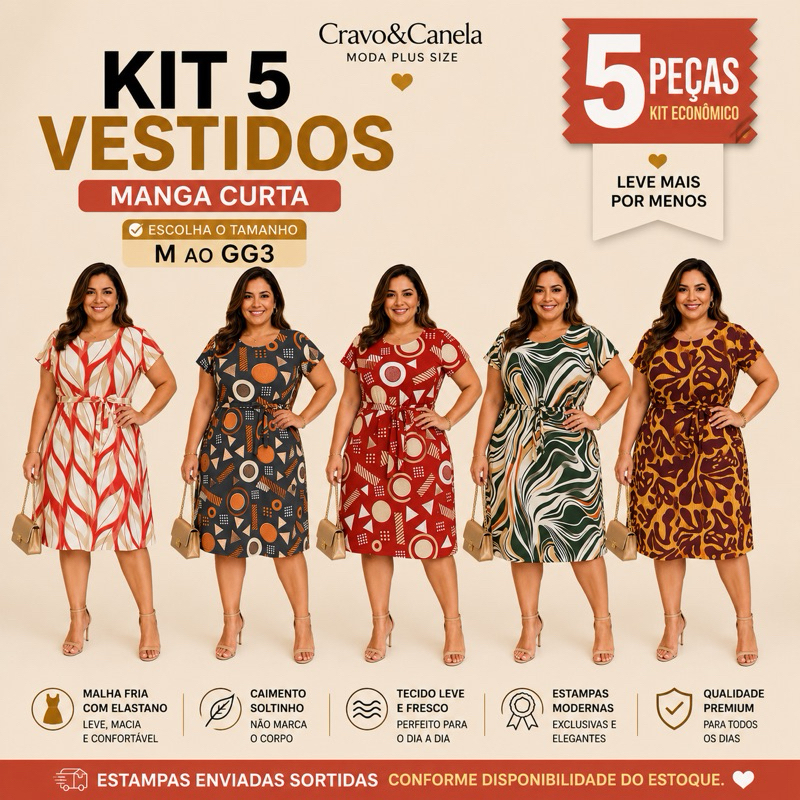 kit 5 Vestidos Feminino Estampado Manga Curta Malha Fria com Elastano Soltinho M ao GG3