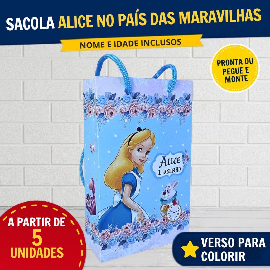 Kit Sacola Alice no País das Maravilhas Personalizado | Lembrancinha Festa Infantil Aniversário