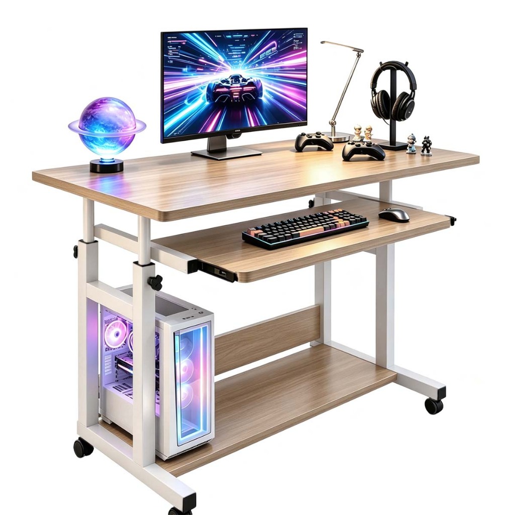 Mesa Multiuso Portátil Ajustável para Notebook com Bandeja de Teclado e Rodinhas Ideal para Cama e Sofá
